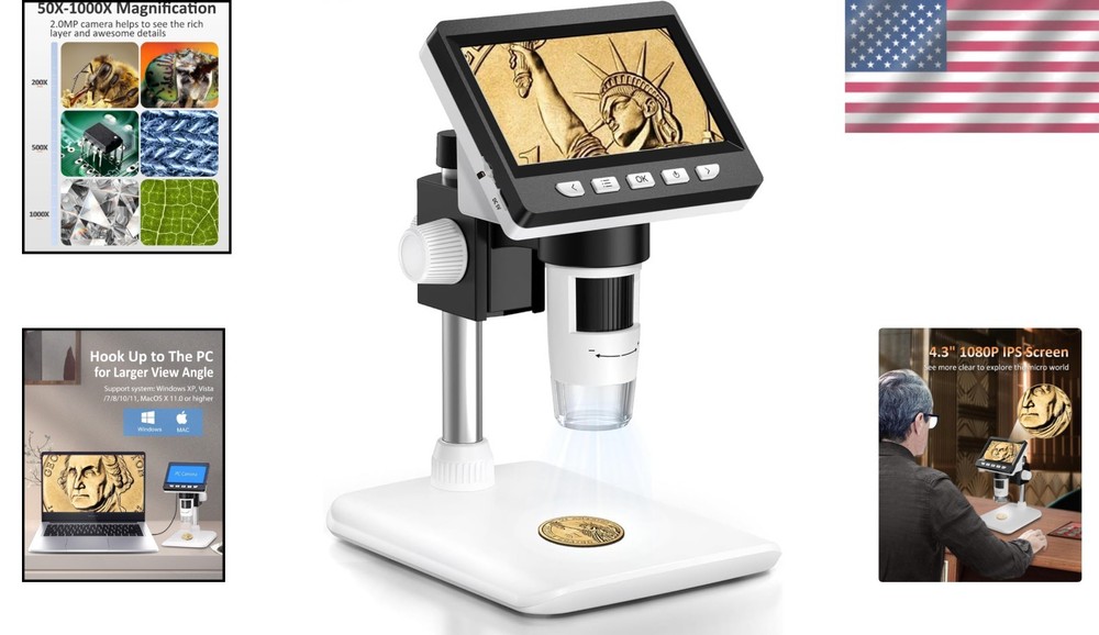 Coin Microscope 1000X 4.3'' LCD Digital Microscope with Screen USB HD