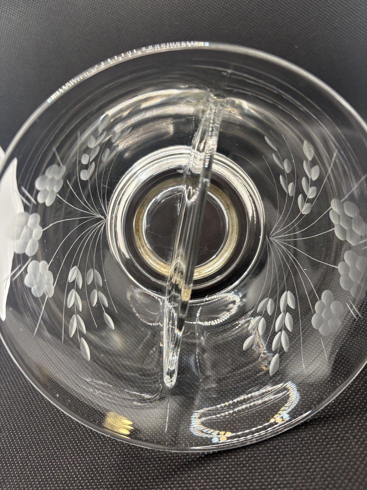 Floral Vintage Etched Glass Divided condiment Bowl with Sterling Silver Base