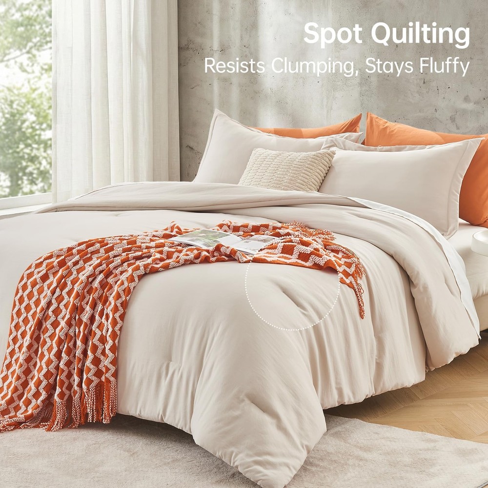 Queen Size Comforter Set Beige, 3 Piece Solid Bedding for All Seasons, Warm D...