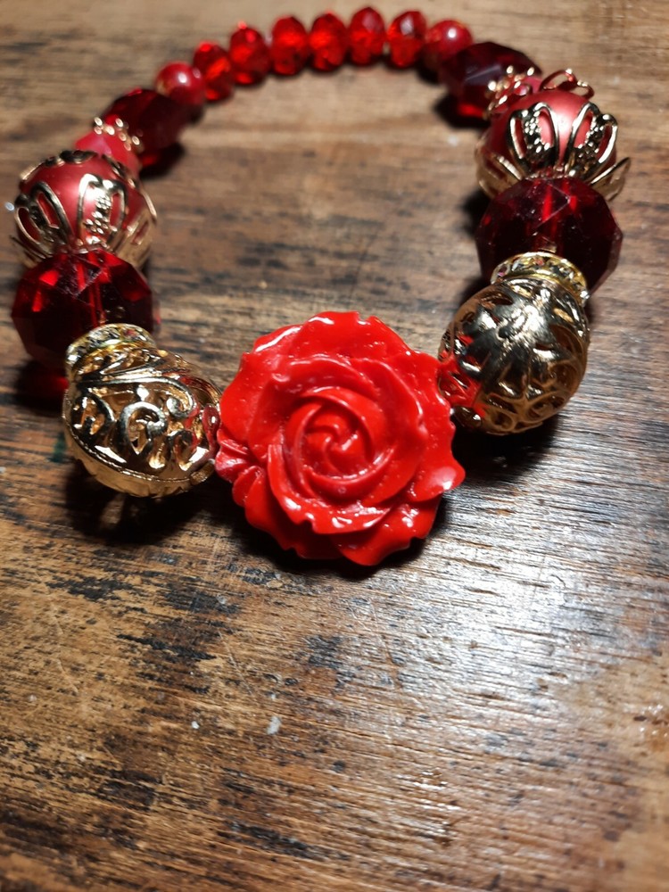 Hand beaded Ruby Rose bracelet size Adjustable  6- 7-1/2