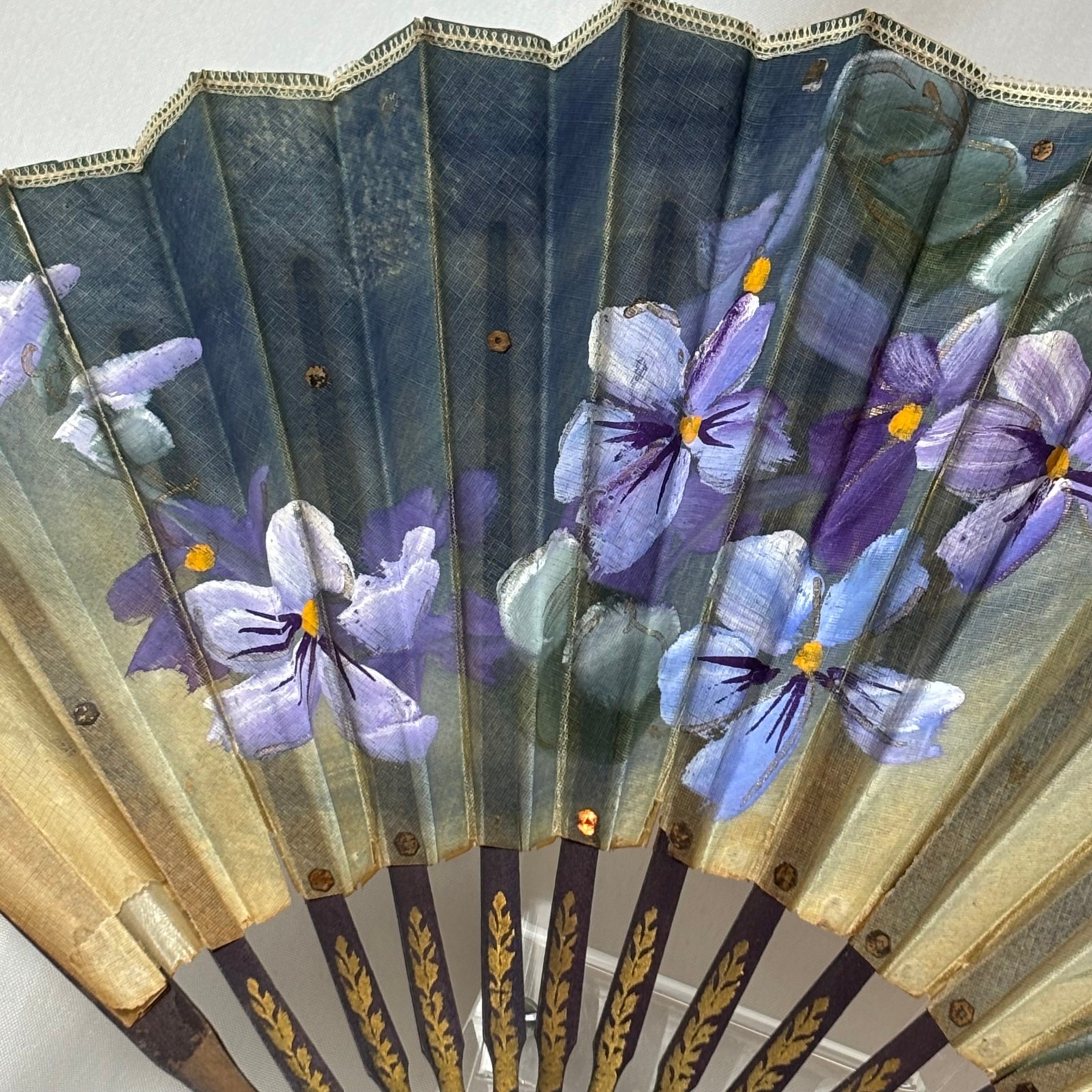 Maxim's France vintage linen folding fan purple pansy sequins