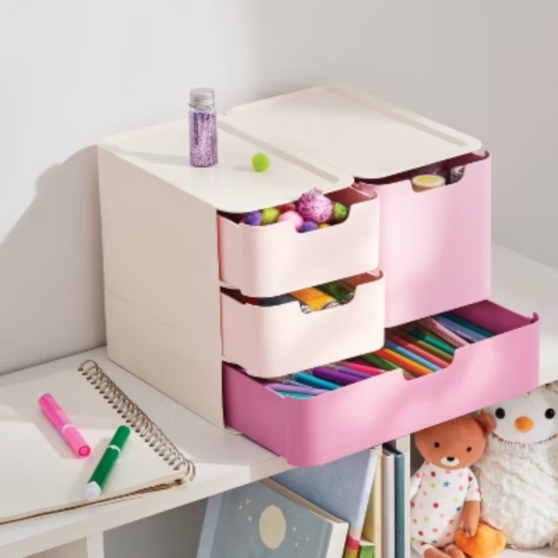 Modular Storage Drawer Set Pink-Features 4 stackable drawers in3 different sizes