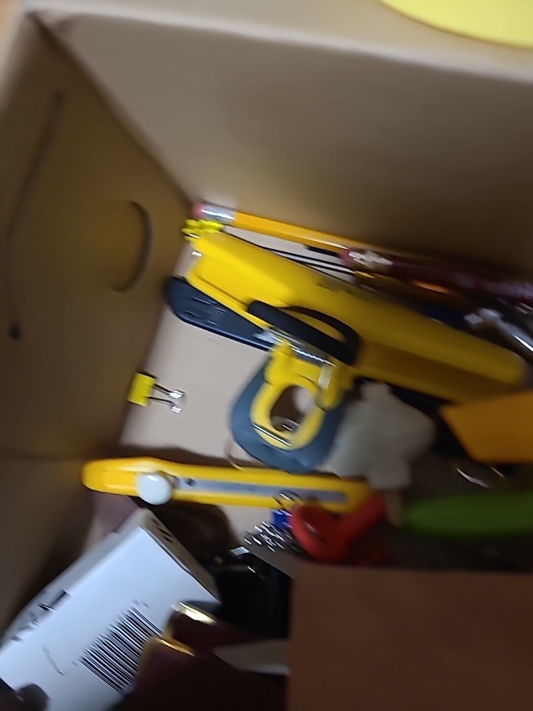 BOX OF HOUSEHOLD ITEMS: SCISSORS, STAPLER, ETC.