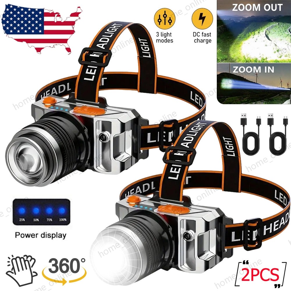 2PCS Super Bright Rechargeable LED Headlamp Flashlight - Zoomable Waterproof New