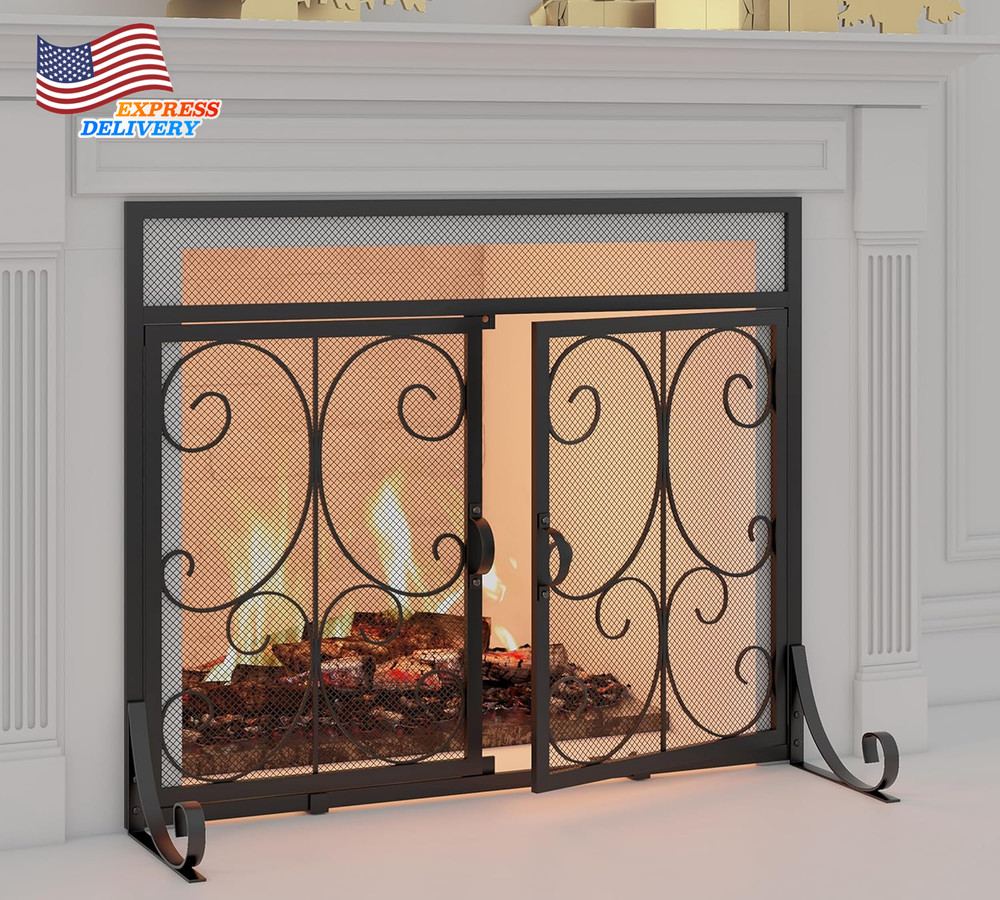 Flat Fireplace Screen with Doors Wrought Iron Frame with Metal Mesh