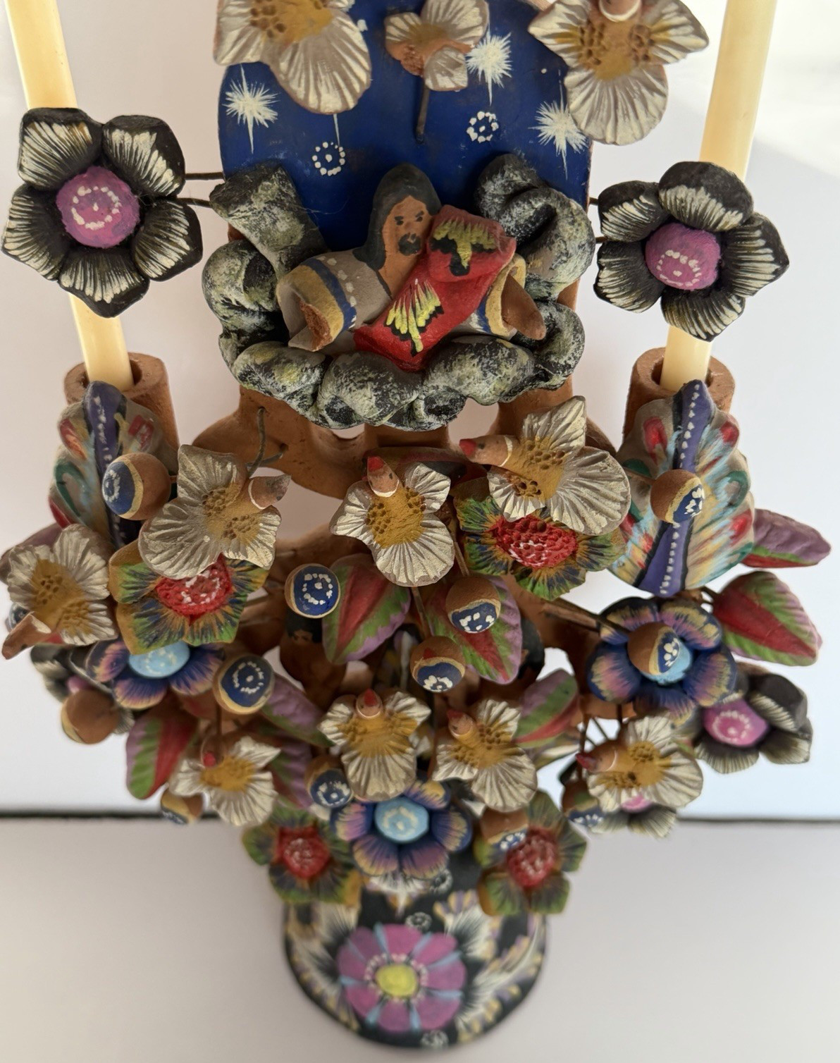 Mexican Clay TREE of LIFE Handmade Multi Color Folk Art Candelabra 12.5" Tall