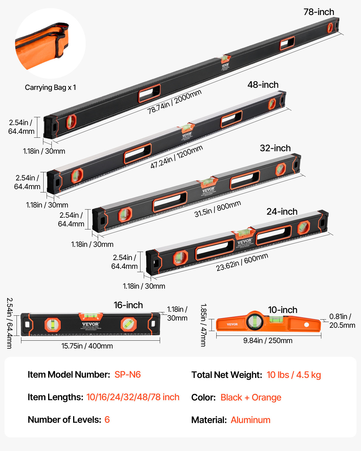 VEVOR 6PCS Torpedo Level 78/48/32/24/16/10" Aluminum Alloy Body w/ Bubble Vials