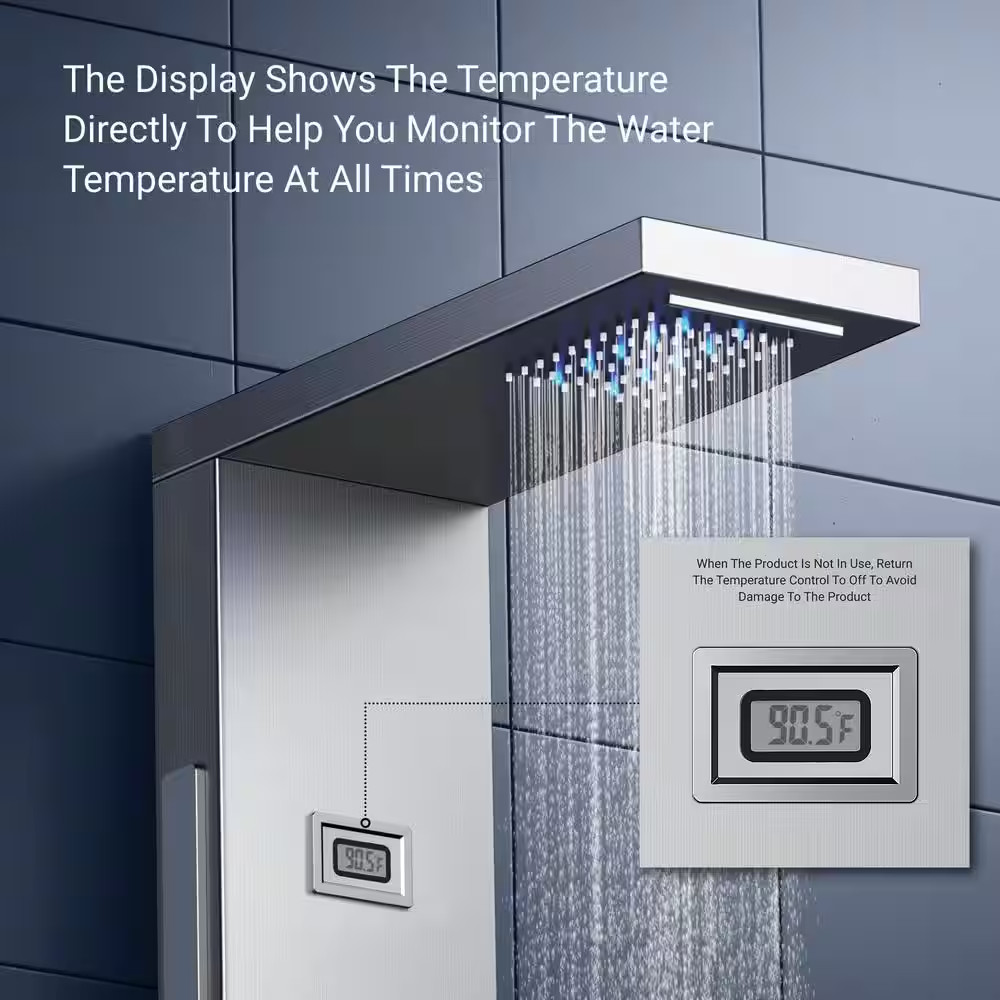 55 In. 6-Jet LED Rainfall Waterfall Shower Panel System with Adjustable Hand Bod