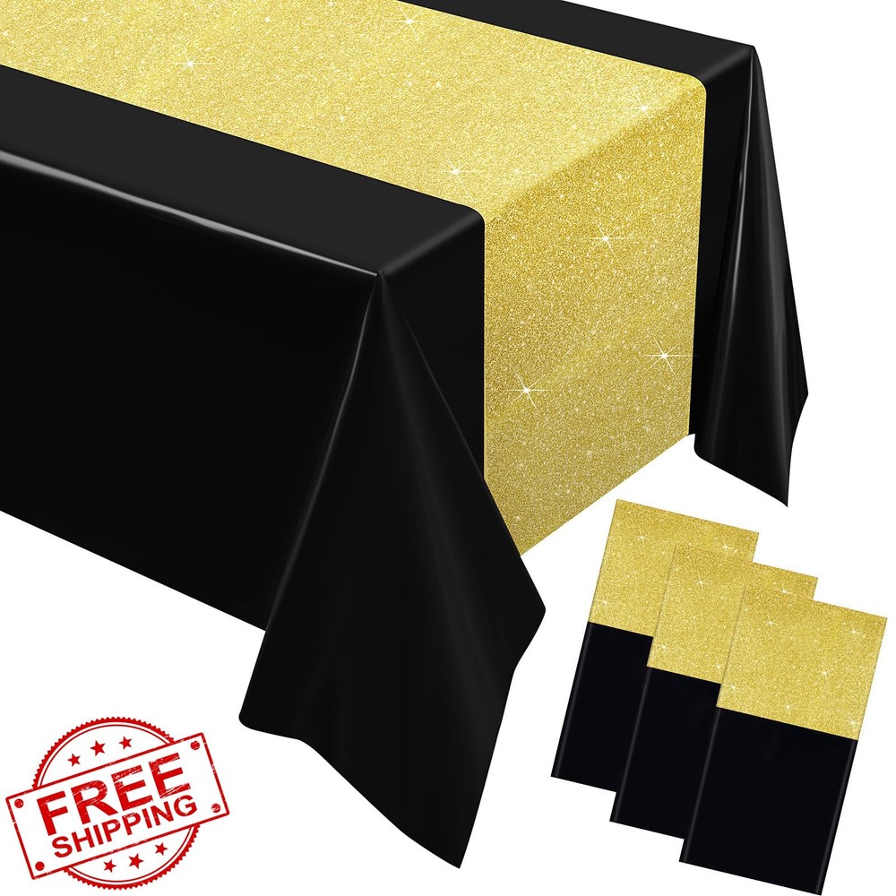 Oudain 3 Pcs Plastic Tablecloths, 54x108", Glitter Gold/Black, Rectangular