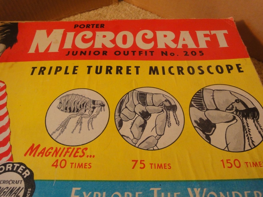 Vintage Porter Chemical, Microcraft, 3 objective microscope set 205, complete!