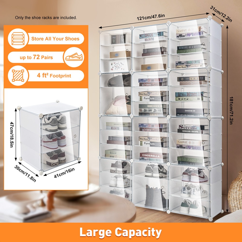96 Pairs Shoe Box Storage Cabinet 12-Tier Shoe Rack Organizer Stackable Closet