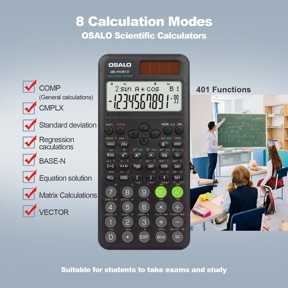 Scientific Calculator 401 Function 10+2 Digits Display Solar Battery Calculat...