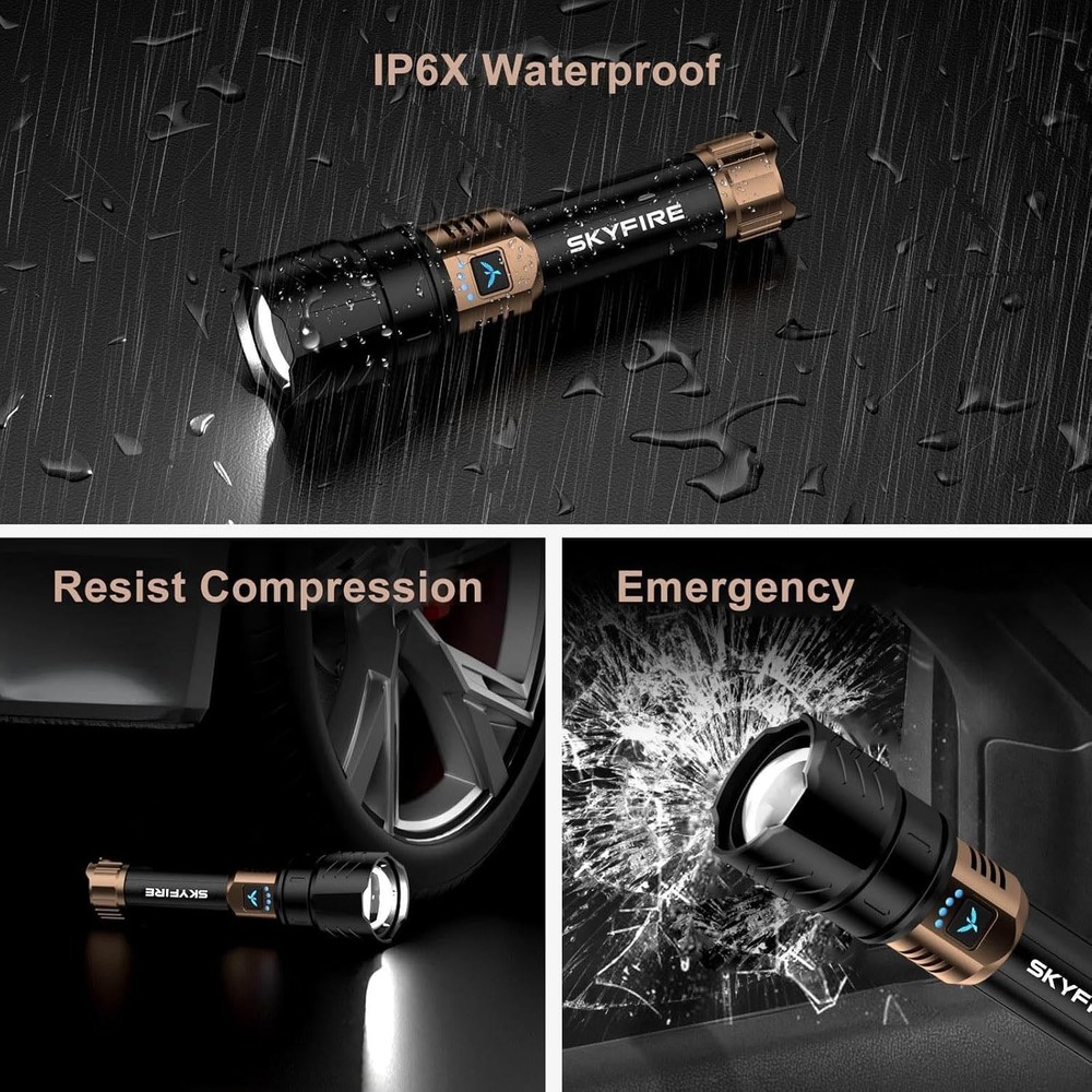 SKYFIRE Rechargeable Flashlight High Lumens, LED Flashlight with Ignition Len...