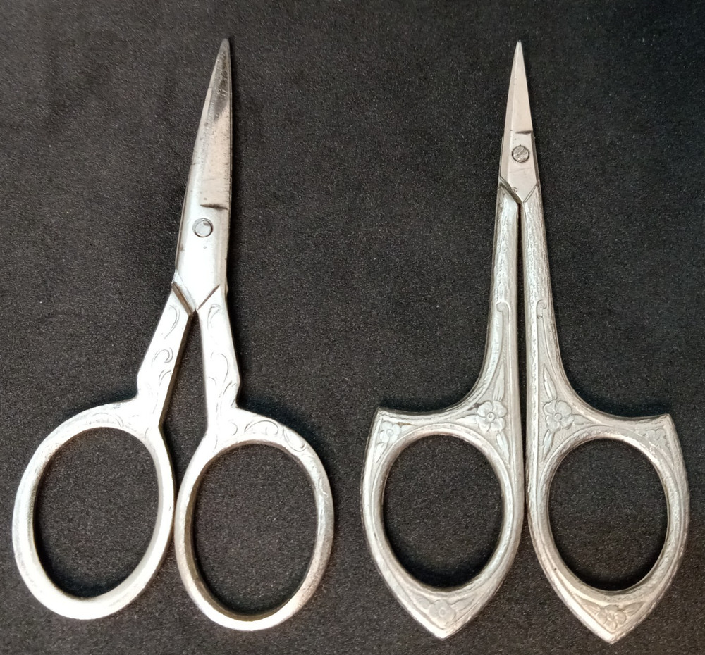 2 Vintage Small Silver Tone Embossed Sewing Scissors Decorative