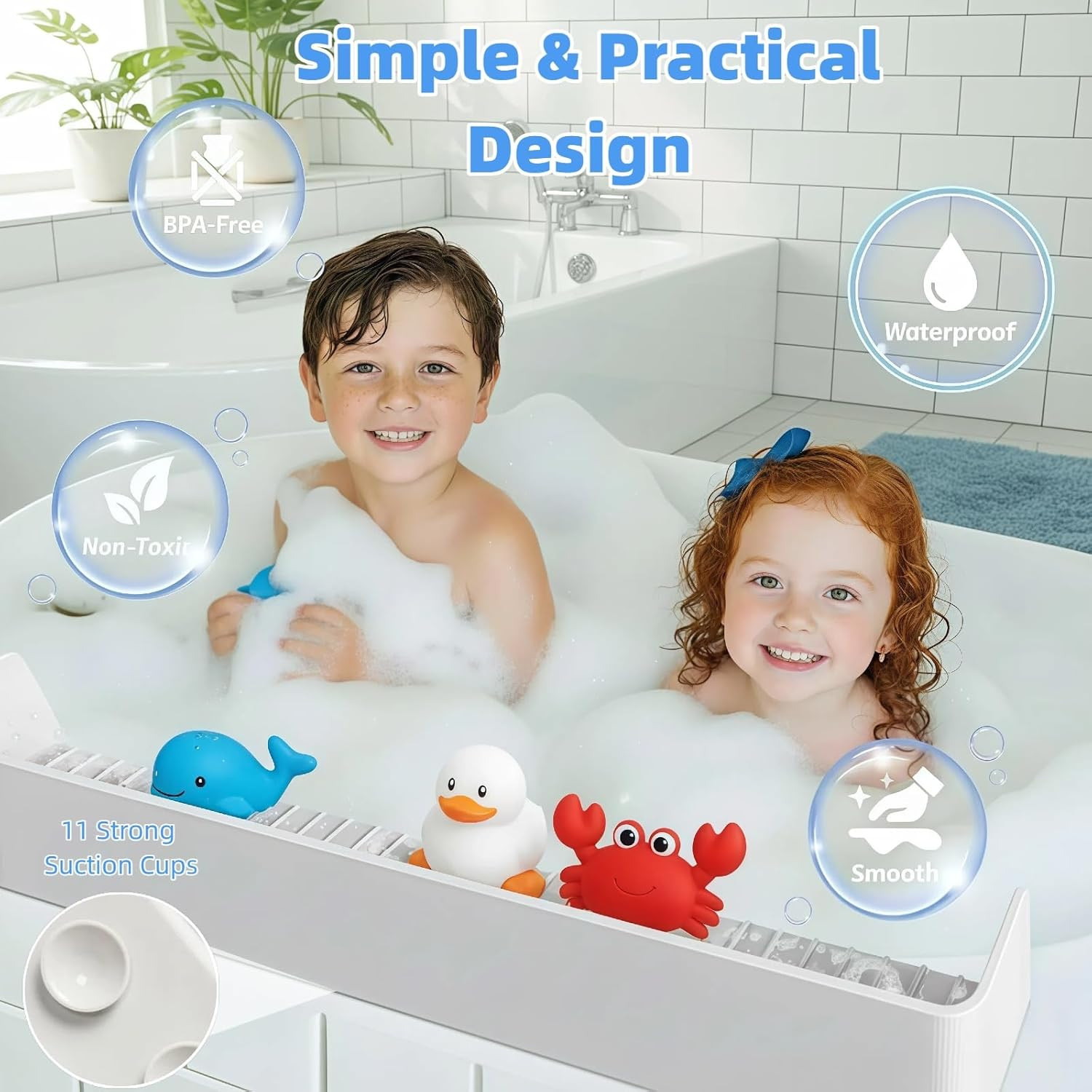 Bathtub Splash Guard with Suction Cups, Silicone Toy Tray for Kids (Grey)
