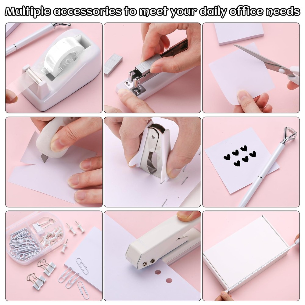 White Desk Accessory Kit Cute Office Supplies Set Desktop Stapler Set Include...
