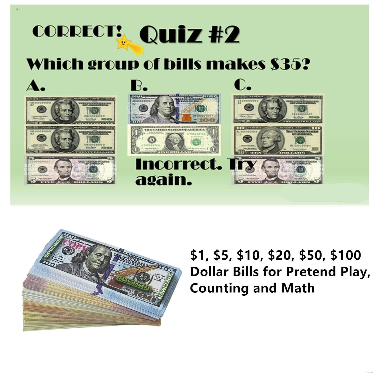 144 PC Educational Play Money Set, Print 2 Side - Bills of $1-$100 Actual Size