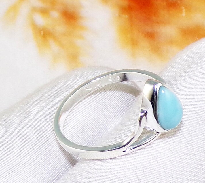 Solid 925Sterling Silver Natural Larimar Pear Blue Gemstone Handmade Womens Ring