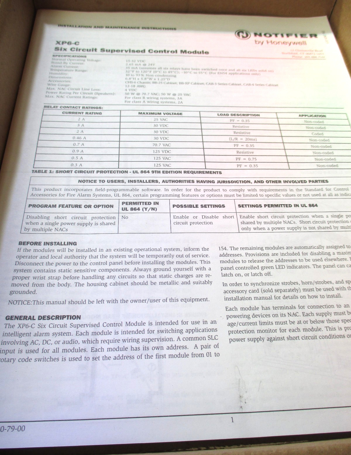 New Notifier XP6-C Six Circuit Control Module, for Fire Alarm Control Panel