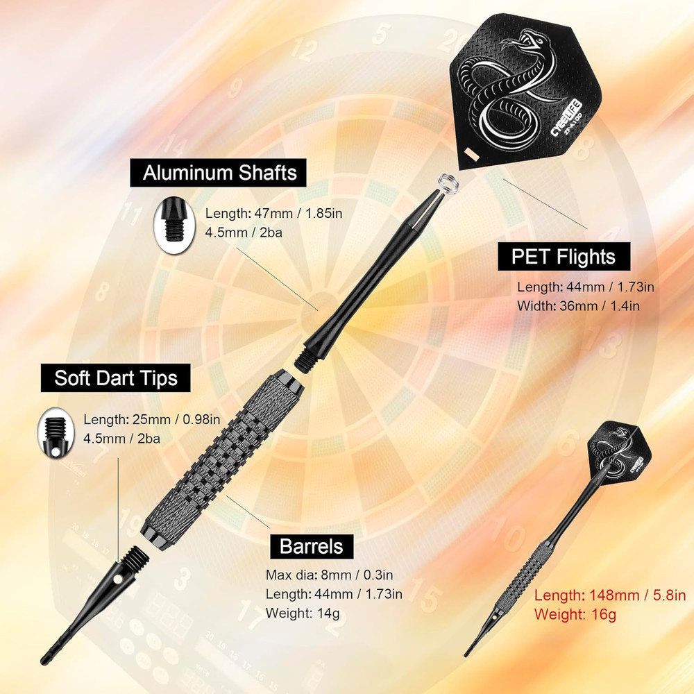 Cyeelife 16G Soft Tip Darts with Extra Flights and Plastic Points for Beginners