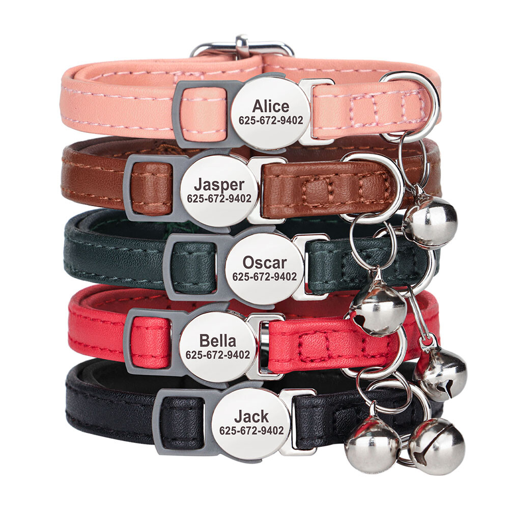 Personalized Cat Collar Puppy Kitten Engraved Name Tag Soft Leather Adjustable