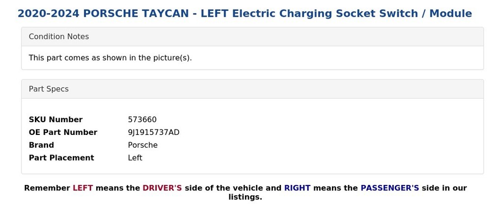 2020-2024 PORSCHE TAYCAN - LEFT Electric Charging Socket Switch / Module