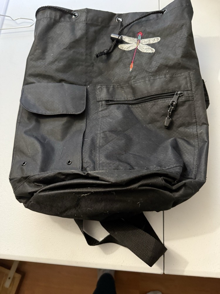 Black Nylon Drawstring Storage Bag with Dragonfly Embroidery, Large