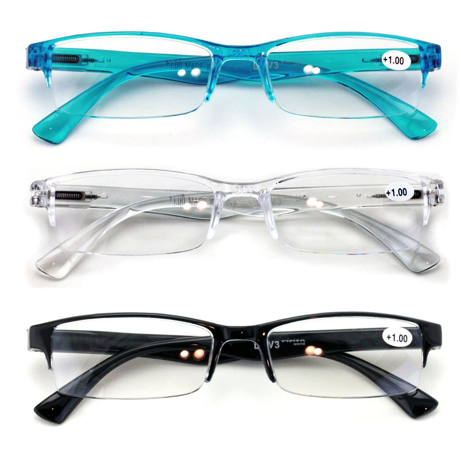 3 Pairs Lightweight Rectangular Unisex Readers Spring Hinge slim Reading Glasses