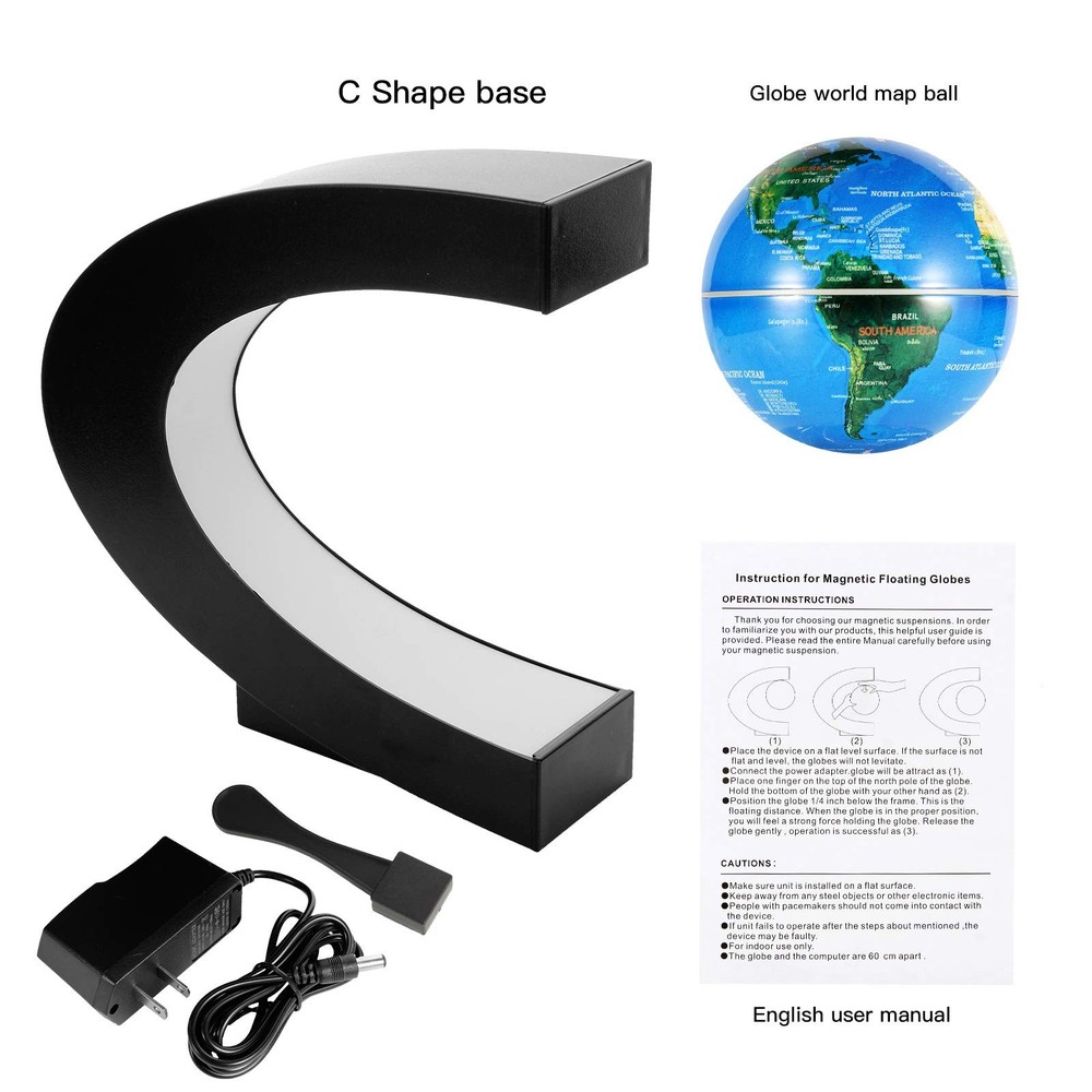 Magnetic Levitating Floating World Map Globe, C Shape Display Frame with LED ...