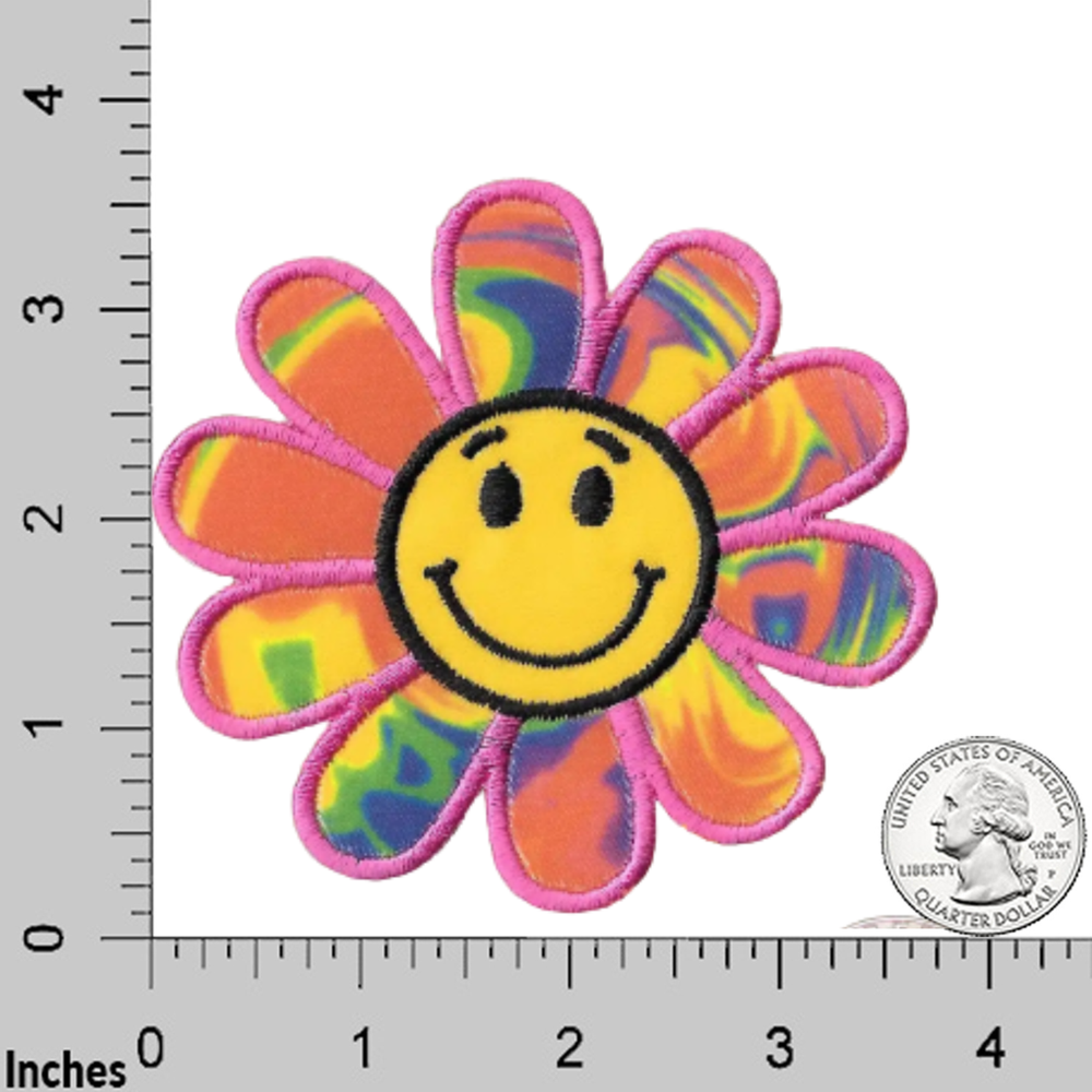 Happy Face Rainbow Daisy (2-Pack) Embroidered Flower Iron On Patch