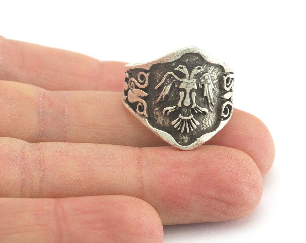 Double Head Eagle Logo Ring Adjustable Antique Silver Plated brass 10US size 721