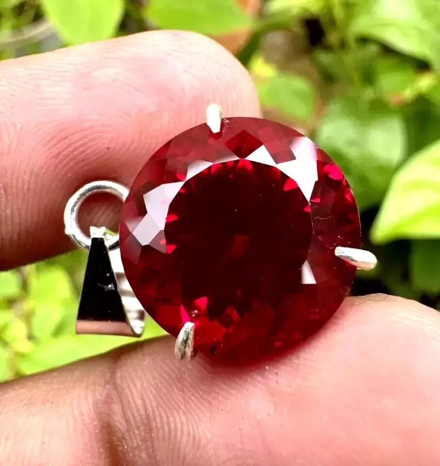 Natural Red Ruby Round Certified 24 CT Loose Gemstone 925 Solid Silver Pendant