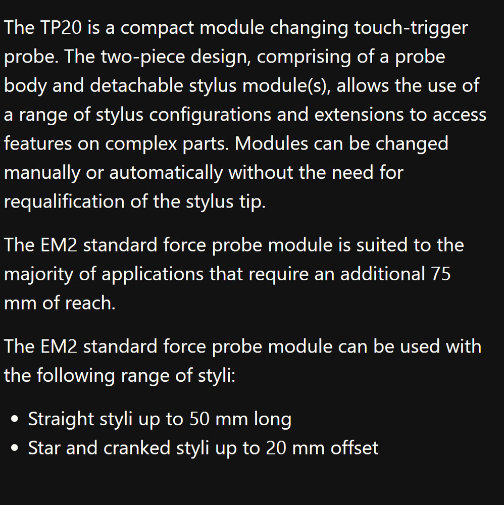 RENISHAW TP20 EM2 STANDARD FORCE CMM PROBE MODULE - 75mm EXTENSION