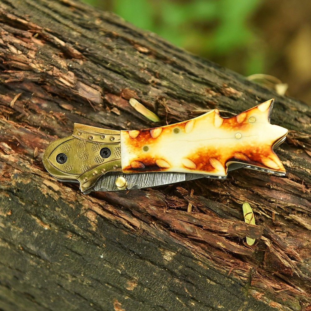 Damascus Folding Dagger Blade Pocket Knife Tactical-Original Burn Bone Handle