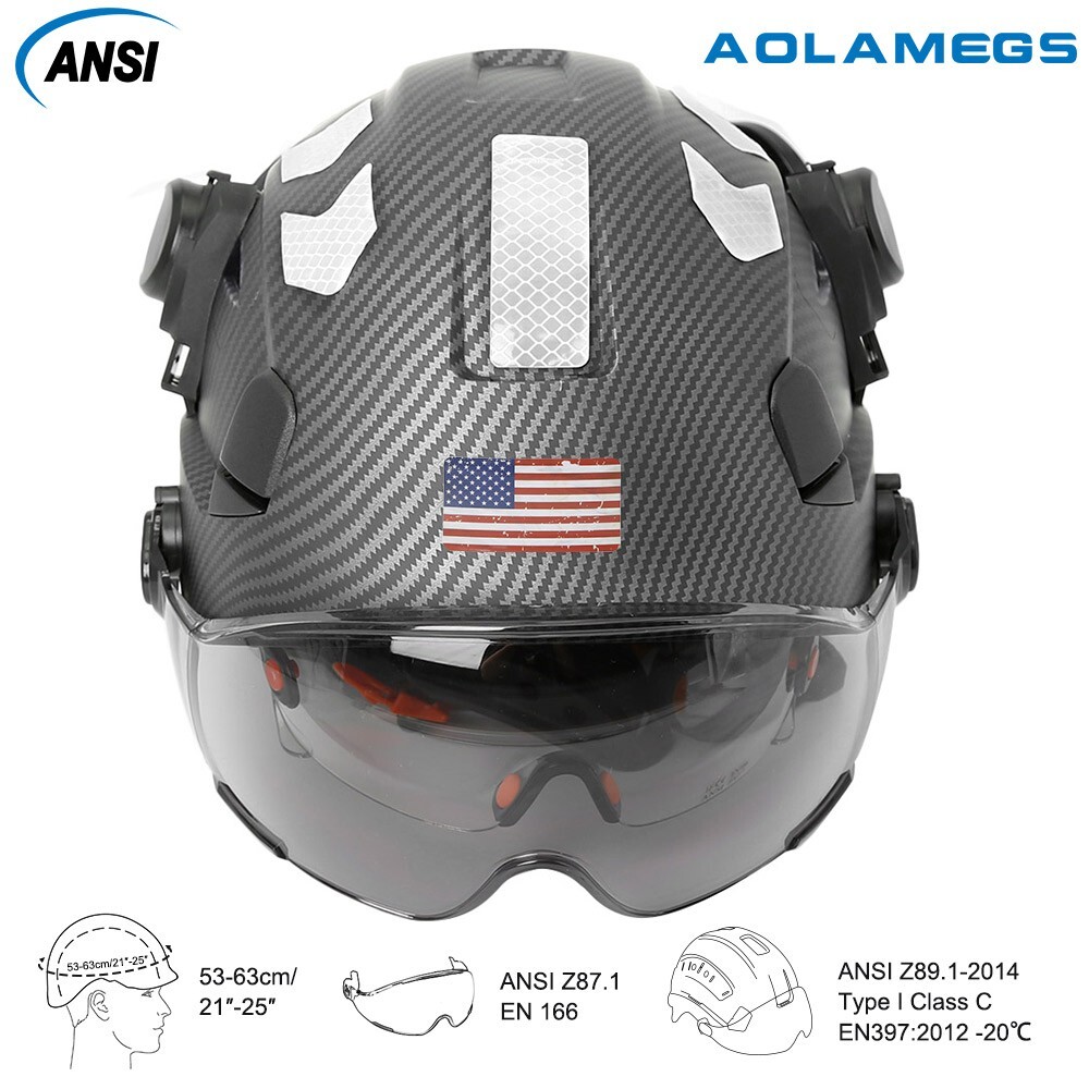 Carbon Fiber Safety Helmet With Build in Visor Earmuffs and Reflective Stickers