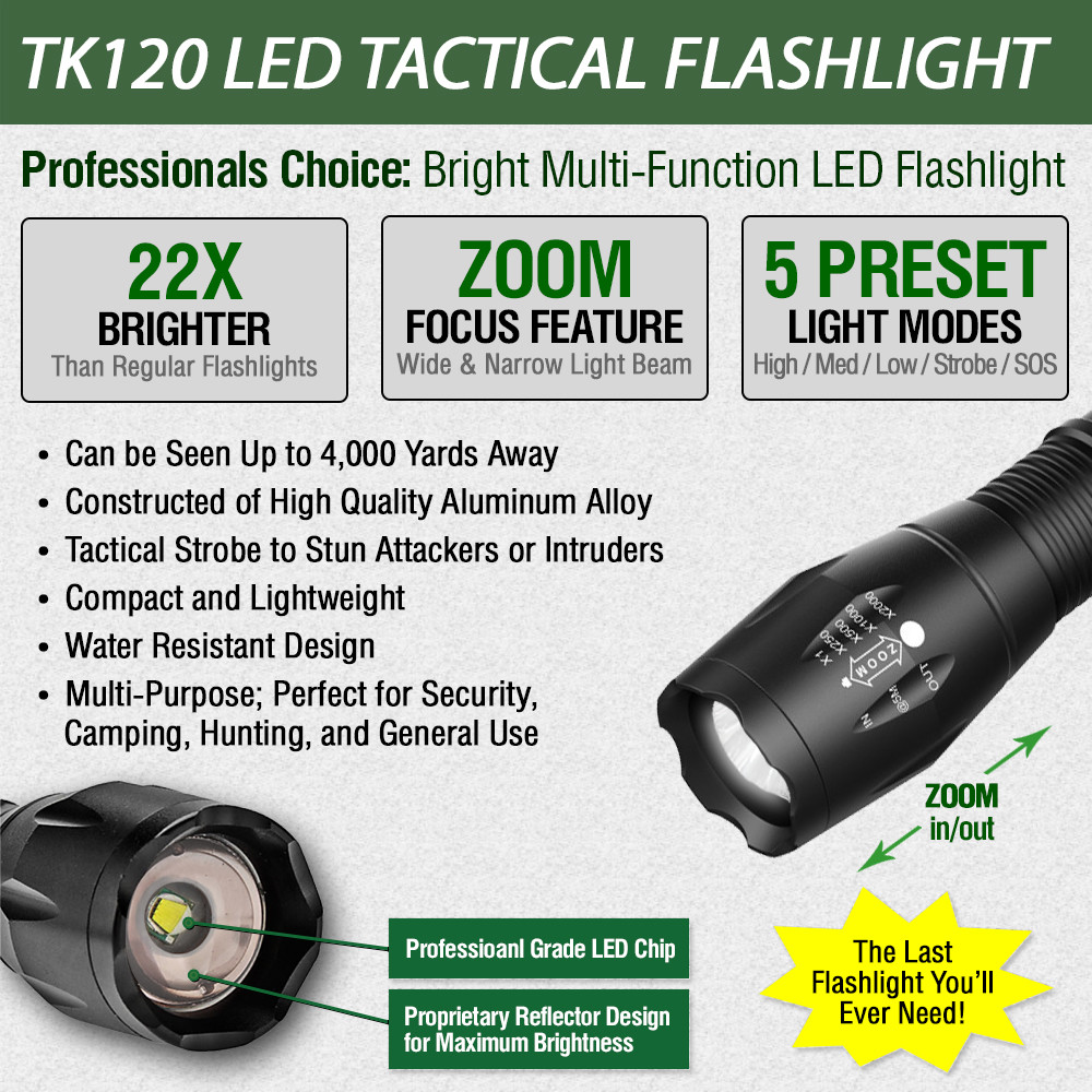 TK120 LED Tactical Flashlight 5 Light Modes Adjustable Zoom Great Gift for Men