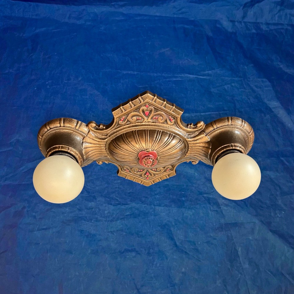 Single Antique Double Socket Polychrome Flush Mount Nice Rewired 10G
