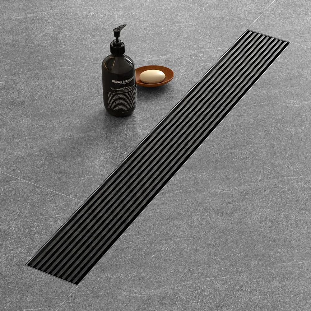 24 Inch Linear Shower Drain with Removable Wedge Wire Pattern Grate, Matte Black