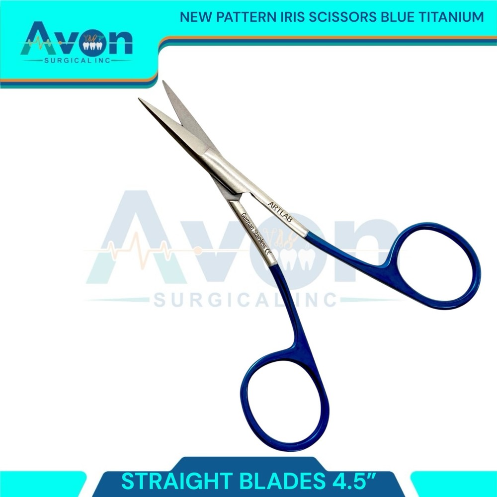 New Pattern Straight Blades Iris Scissors 4.5" Titanium Coated Rings - Blue -1pc