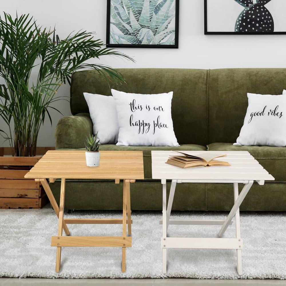 Small Solid Wood Folding Side Table 2-Piece Set White Portable Patio Outdoor