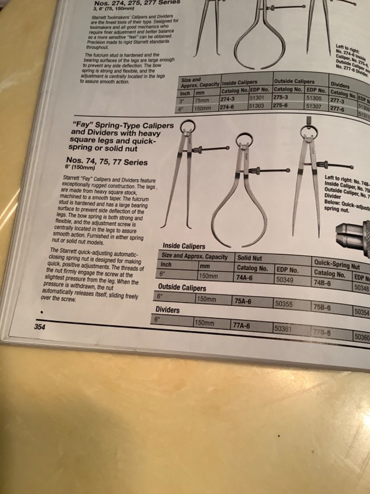 Starrett 75A-6 Fay Spring Type Outside Caliper, Solid Nut 6" EDP # 50355