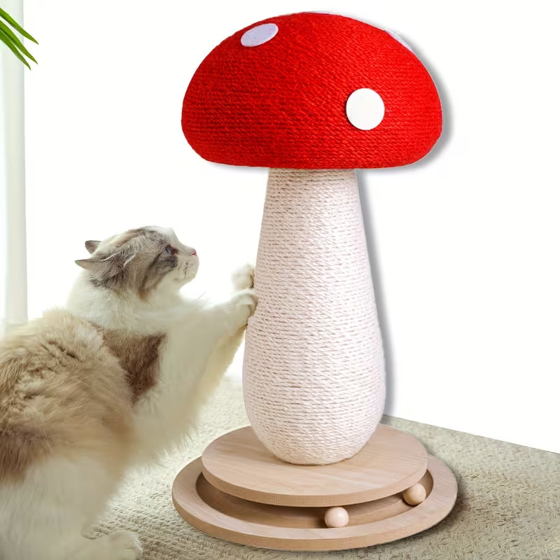 Cat Scratching Post - Red Mushroom with Interactive Turntable & Sisal Surface