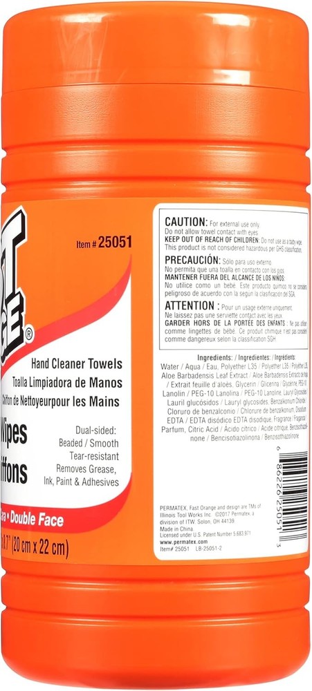 Permatex 25051 Fast Orange Hand Cleaner Wipe - 72 Count