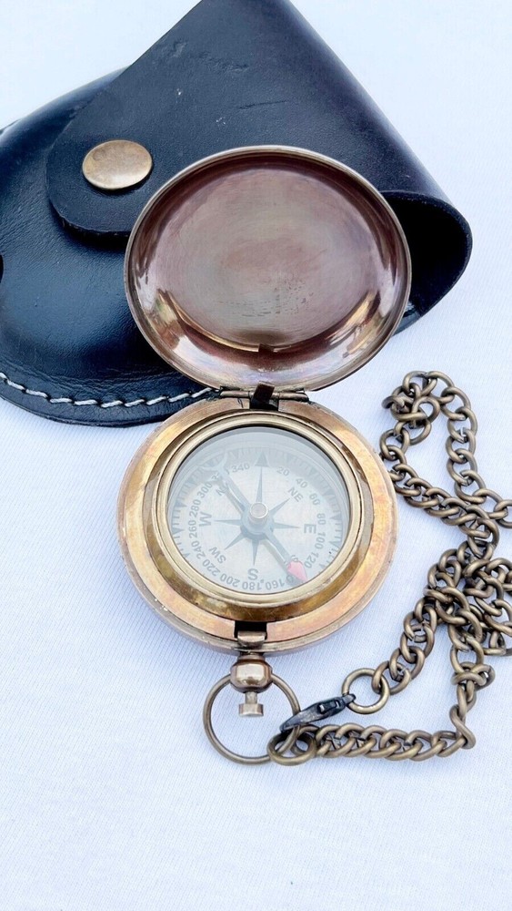 Antique Push Button Compass Brass Pocket Camping Compass With Leather Box