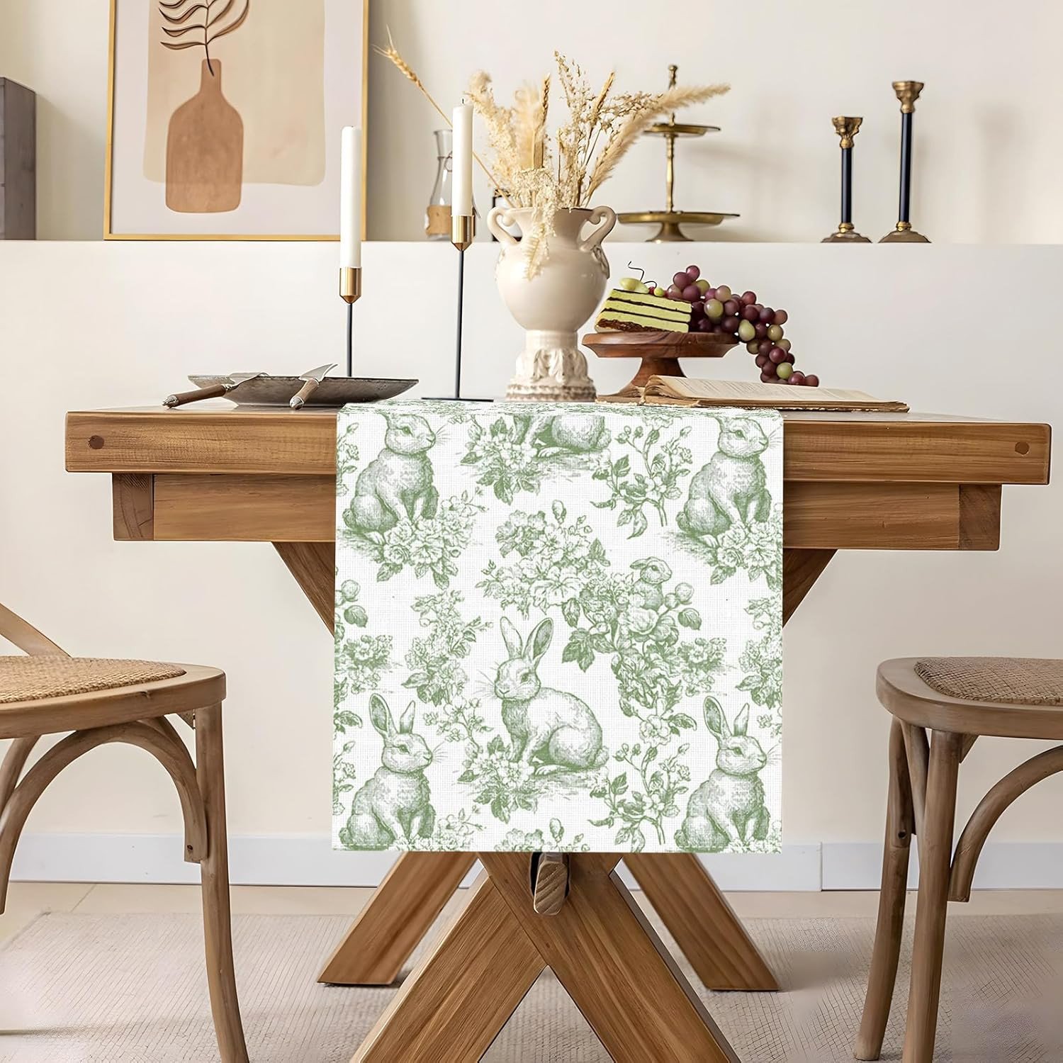 Chinoiserie Easter Table Runner Toile De Jouy Vintage Green and White Bunny Spri