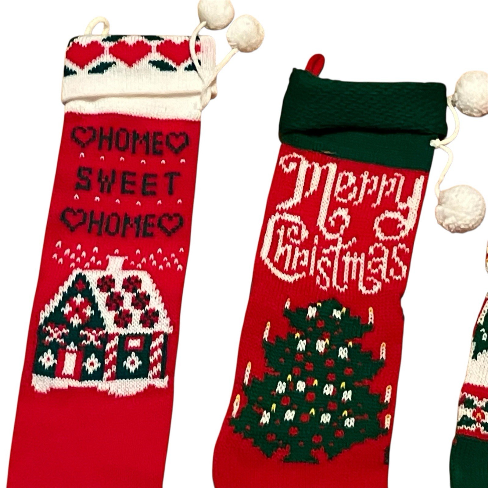 Vintage Christmas Stocking Lot Knit Red Green Santa Noel Poinsettia Tree Candle