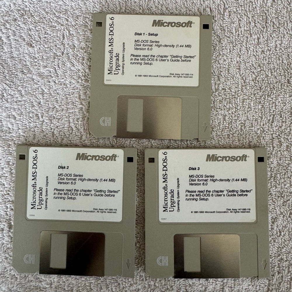 Microsoft MS-DOS 6.0 Upgrade 3.5” Floppy Disk Set Disks 1–3 Untested 1993