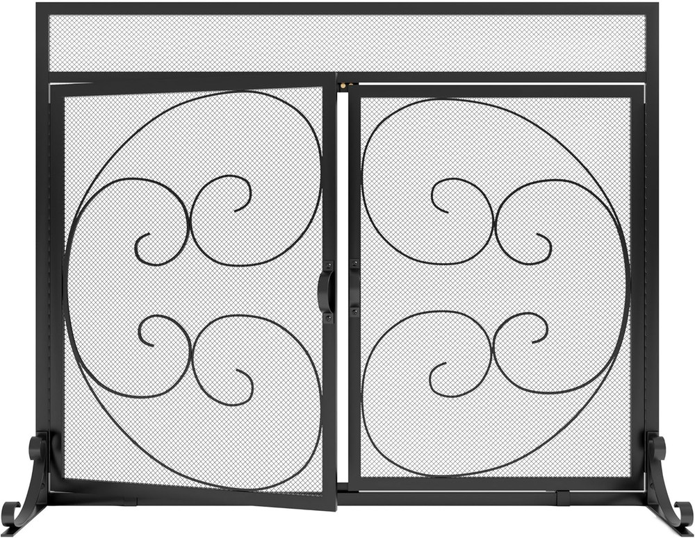 Fireplace Screen with Magnetic Doors,Handcrafted Wrought Iron Classical Scroll D