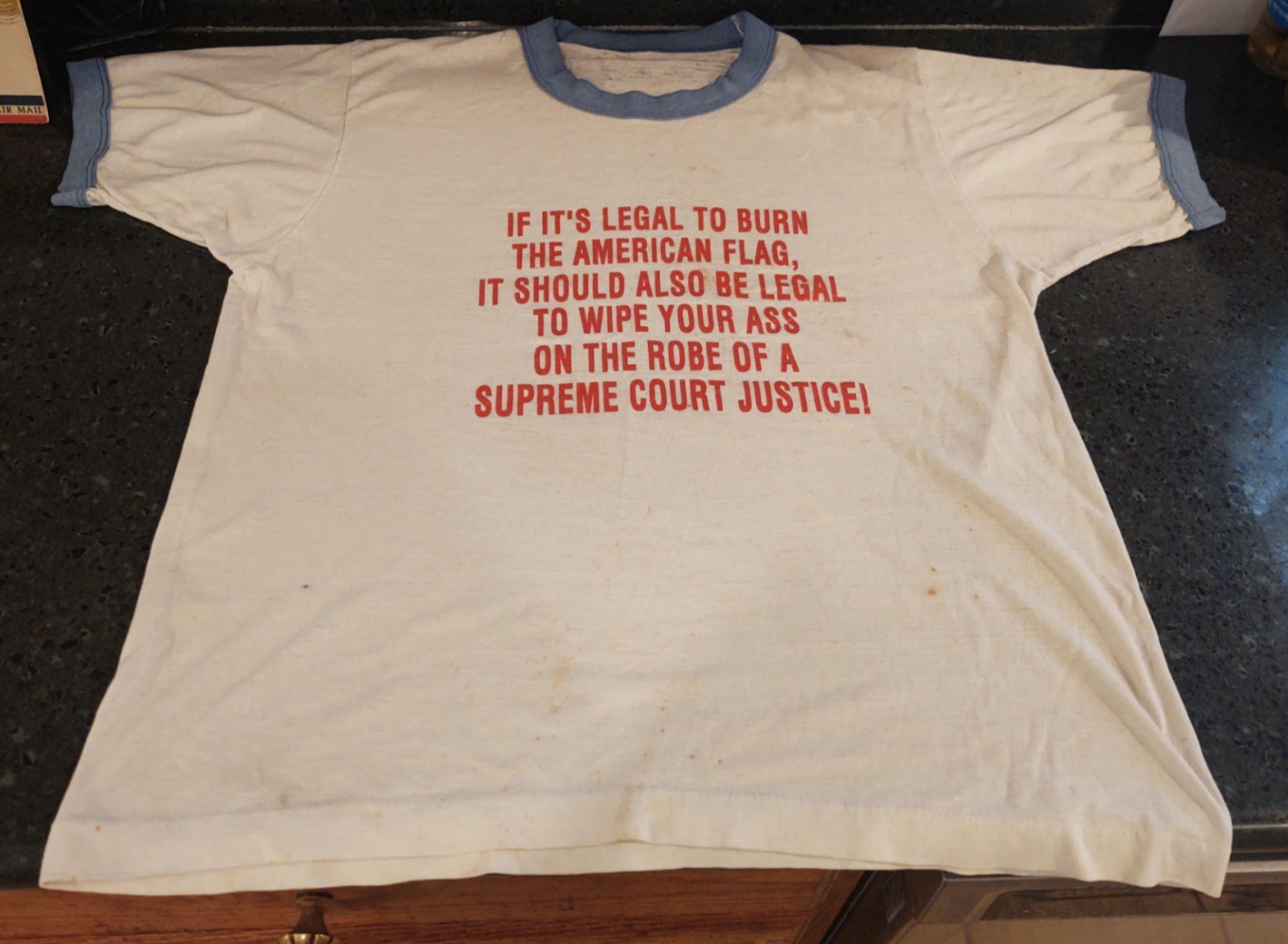 Vtg RARE 1980s Double Stitch Ringer  T-Shirt Political Protest Texas v. Johnson