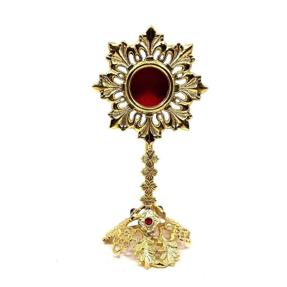 Solid Brass Reliquary With Ornate Base and studded Beads - Monstrance Catholi...